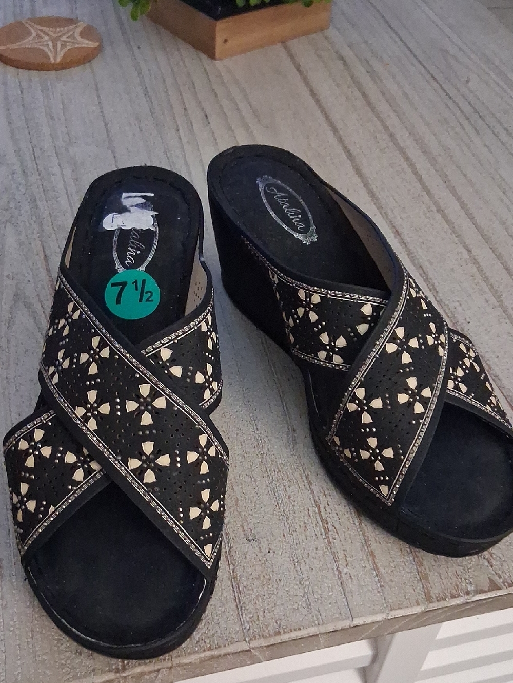 Atalina Black and Cream Crisscross Wedge Sandals - Picture 4 of 9